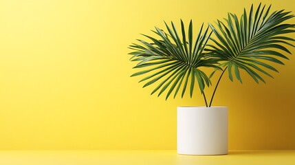 Fototapeta premium Tropical Palm Plant in White Pot Against Yellow Wall