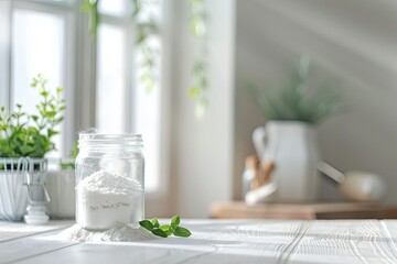 Baking Soda Spill Out of a Glass Storage Jar on a White Wooden Table, Selective Focus
