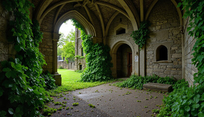 Fototapeta premium Stone archway adorned with clovers in Irish castle, nature's resilience