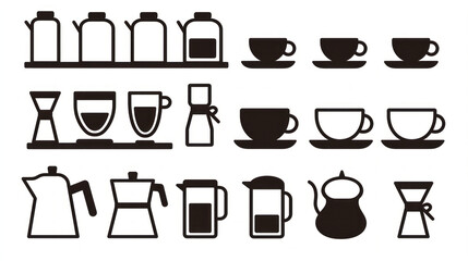 Silhouettes of coffee makers, cups, and kettles arranged in rows