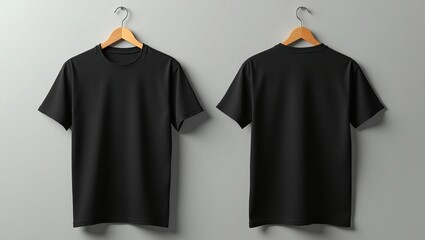 Two Black T Shirts Hanging On Wooden Hangers