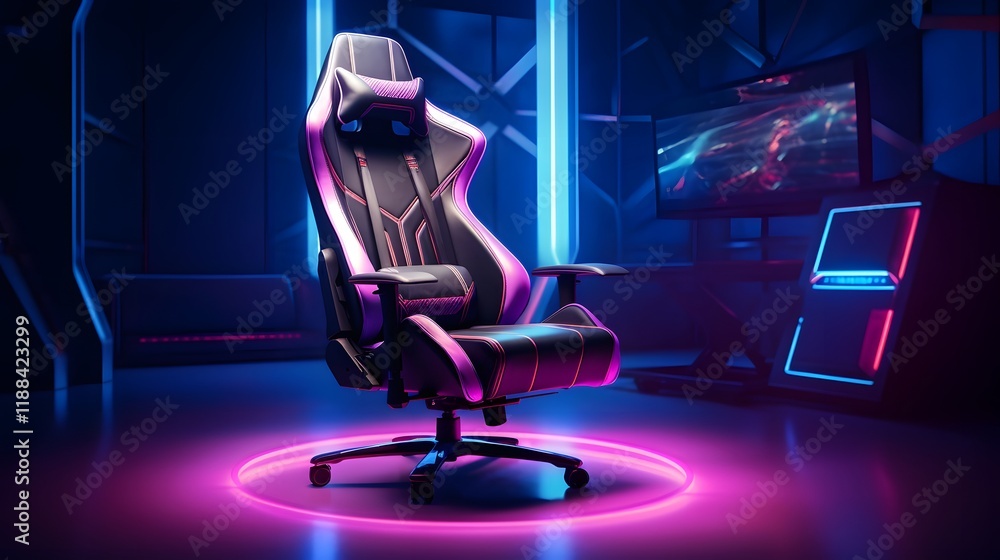 Poster sleek and luminous gaming chair set in a meticulously crafted tech inspired room environment creatin