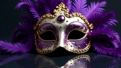 Mardi Gras. Mardi Gras carnival banner in purple, green, yellow colors. Mardi Gras mask with gold filigree and purple feathers on reflective surface, elegant mood.