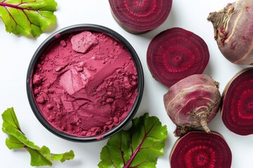 Beetroot Beet Root Powder with Fresh Fruit Isolated on White Background, Top View, Flat Lay