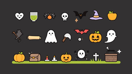 Halloween themed icons featuring pumpkins, ghosts, bats, and spooky elements