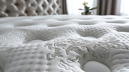 Close-up of an intricately designed mattress showcasing its texture and craftsmanship.