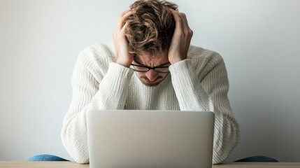 A stressed man wearing glasses and a white sweater sits at a desk, holding his head in frustration while looking at a laptop screen