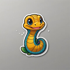 Fototapeta premium Friendly cartoon snake sticker with bright yellow and green colors on a light gray background