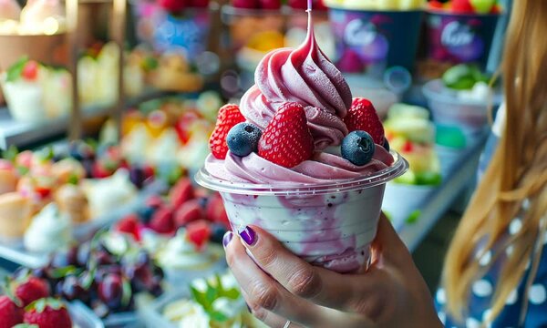 Woman holding yogurt parfait with strawberries and blueberries