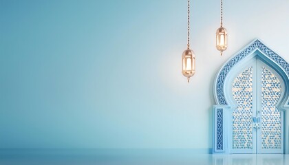 Ramadan theme background with lit lanterns and behind it is a cool gate ornament. Wallpaper, poster, eid.
