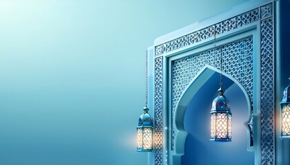 Blue background of ramadan theme with lit lantern and behind it is a cool gate ornament. Wallpaper, poster, eid.