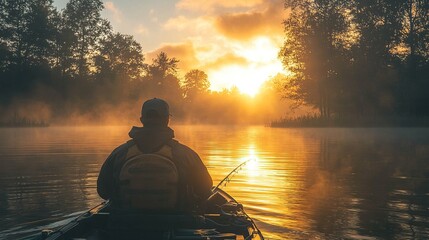 A serene scene of a person fishing at sunrise, surrounded by misty waters and trees.