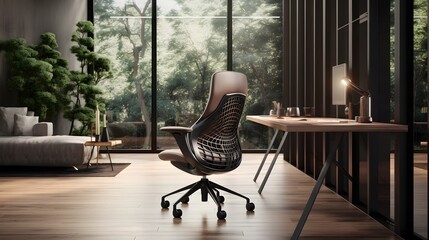 Sleek and modern swivel chair in a bright open concept office environment with minimalist decor and design elements  The chair is perfect for a professional collaborative workspace