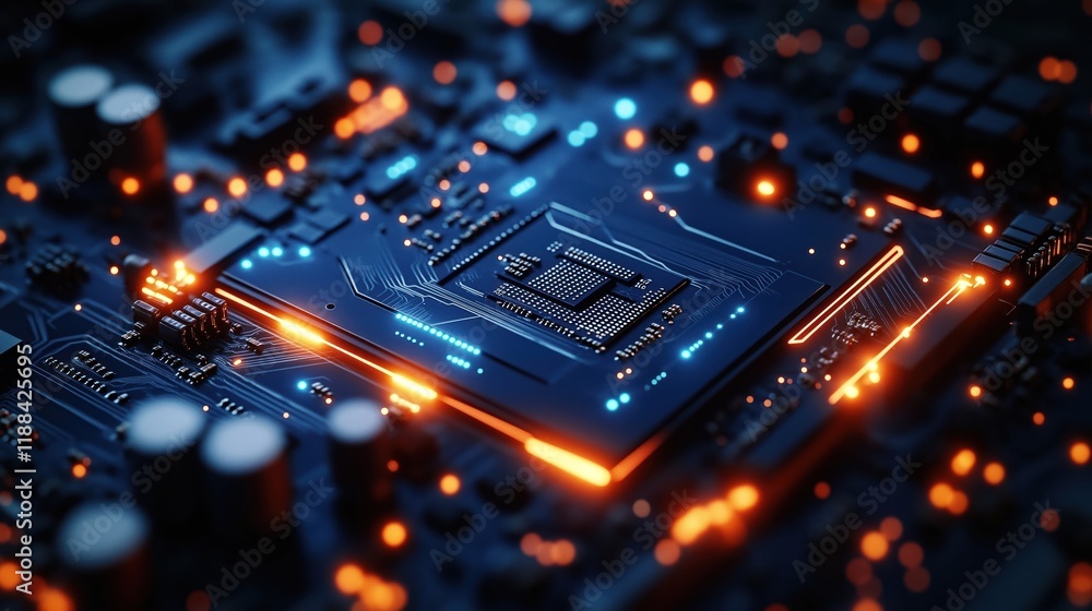 Poster closeup detailed electronic circuit board with glowing lights. modern tech design with bright futuri