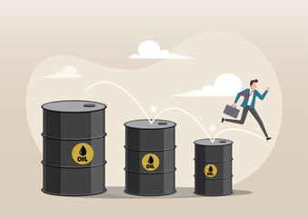 Businessman jumping from big to the small barrel oil