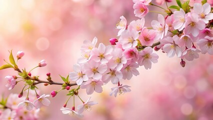 Obraz premium Cherry blossoms in full bloom against a soft pink background with delicate green foliage, spring, pink, spring