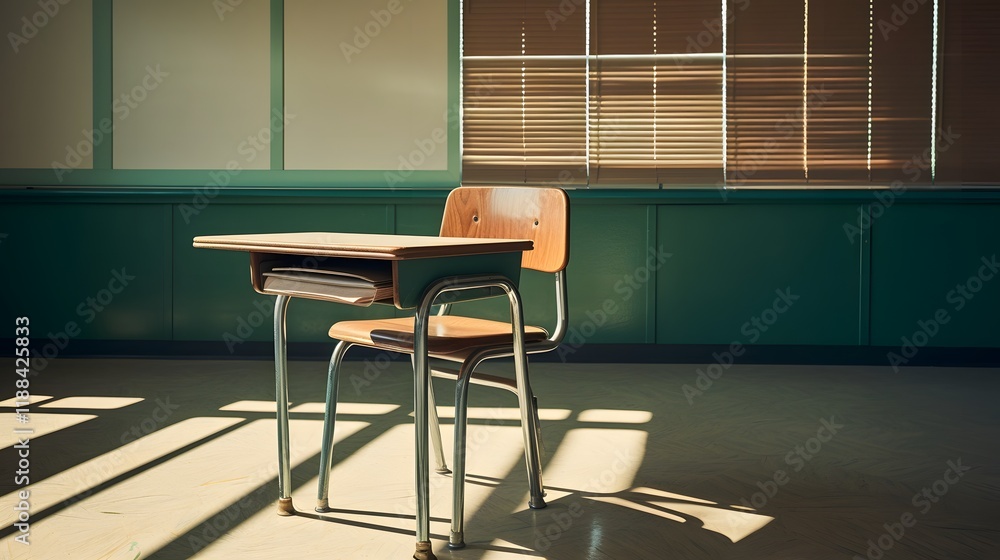 Poster sleek and modern classroom desk and chair arrangement in a bright minimalist educational setting wit