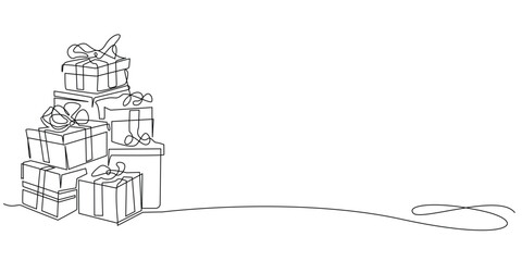 Fototapeta premium continuous line drawing of stack of gift boxes.one line drawing of gift boxes.several gift boxes arranged upwards.single line vector illustration.isolated white background