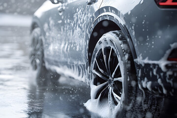 The car is being washed with soap, and foam flows down the body of the gray SUV. Close-up side view of the rear wheel and fender