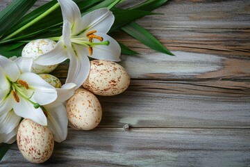 Beautiful composition with white lilies and Easter eggs on wooden background 
