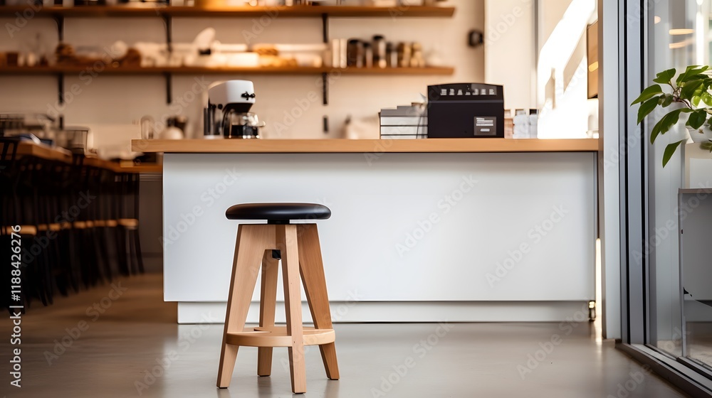 Aufkleber a modern minimalist stool set against the backdrop of a sleek espresso machine in a contemporary caf