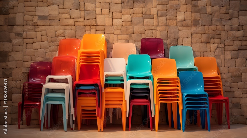 Poster vibrant stack of colorful plastic chairs arranged in a modern minimalist composition against a textu
