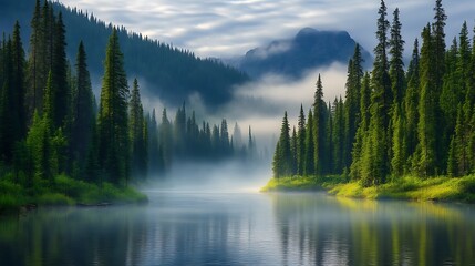 Misty Mountain River Scene With Tall Evergreen Trees