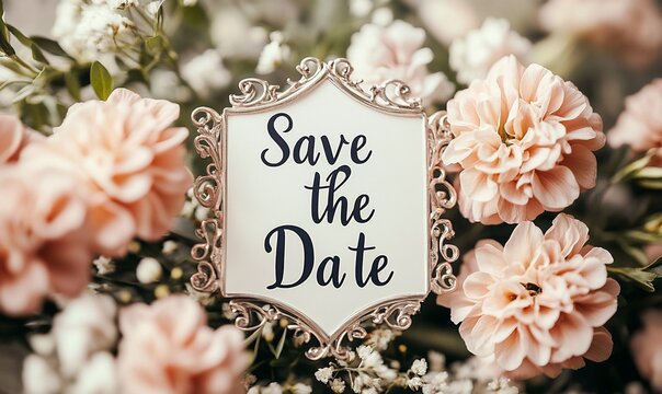 Elegant save the date card among peach flowers.