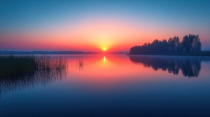 Obraz premium A serene sunset over a calm lake, reflecting vibrant colors and surrounded by trees and reeds.