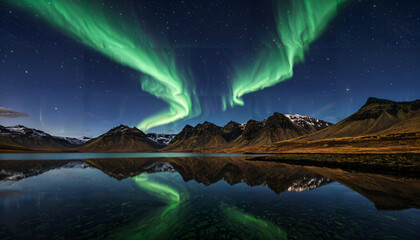 Aurore bor&eacute;ale sur montagnes et lac