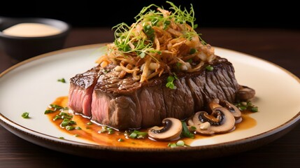 Exquisite Wagyu Steak with a Golden Crust and Luxurious Mushroom Cream Sauce A Delectable Culinary Masterpiece Showcasing Premium Ingredients and Elevated Presentation