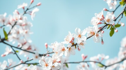 Obraz premium Azure Floral Frame, Blossoming Branches, Soft Blue Background