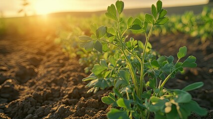 Young alfalfa plants growing in a field at sunset.