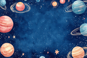 Naklejka premium An enchanting watercolor frame depicting stars and planets, drawing the viewer into a cosmic exploration.