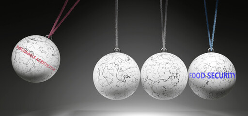 Sustainable Agriculture and Food Security - cause and effect relationship. A Newton cradle metaphor. ,3d illustration