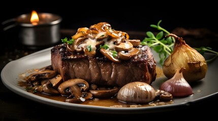 Perfectly grilled steak resting on a bed of flavorful sauted mushrooms and onions presented on a rustic plate for a delicious and satisfying dining experience