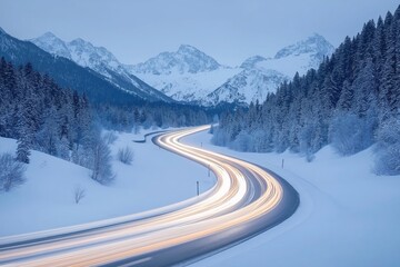Snowy alpine road winds through winter landscape. Car lights create streaks on snow-covered highway. Majestic mountains form a backdrop. Trees are frosted with ice. Peaceful scene at twilight.