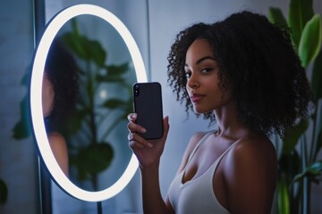 a happy woman with a soft, natural body shape, standing in front of a large mirror taking a selfie.