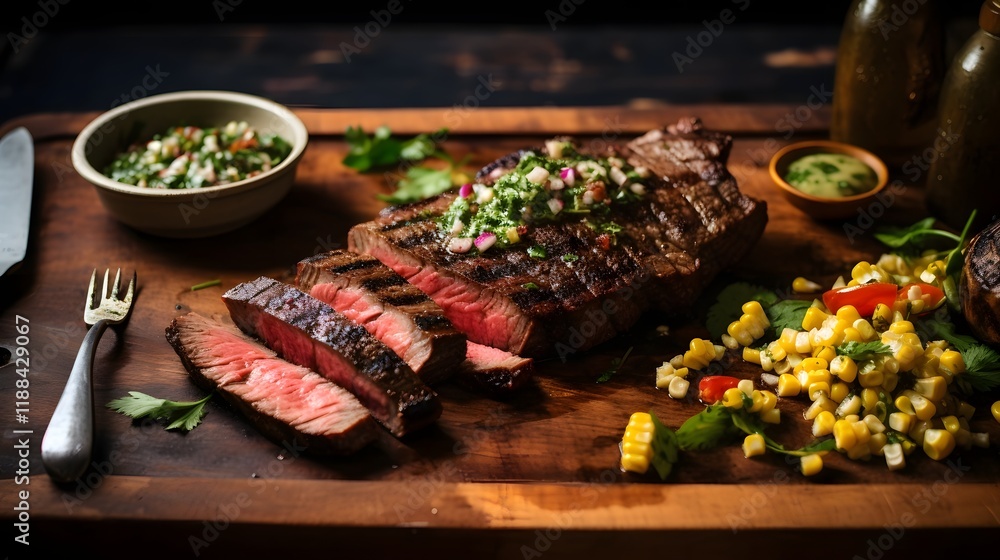 Poster mouthwatering smoky grilled steak served with a vibrant charred corn salsa and refreshing lime wedge