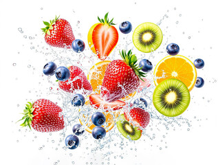 Fresh Fruit Explosion with Vibrant Colors and Water Splashes