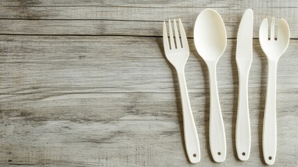 White Disposable Cutlery Set Including Fork, Spoon, Knife, and Tongs on Rustic Wooden Table with Natural Texture and Neutral Color