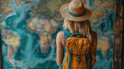 A traveler with a backpack gazes at a world map, embodying adventure and exploration.