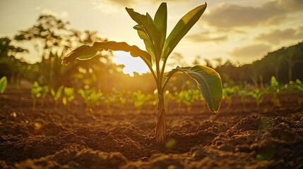 Young banana plant growing at sunset in tropical field.