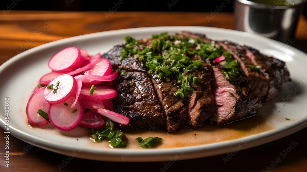 Poster a succulent grilled steak plated with a vibrant garnish of fresh parsley and accompanied by a zesty 
