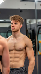 Obraz premium Fit young man admiring his reflection in a gym mirror after a workout session