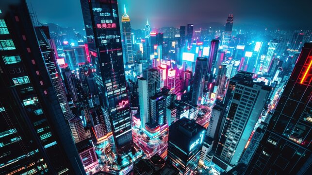 a futuristic city skyline dominated by towering skyscrapers and sleek architecture, with neon lights and glowing signs illuminating the night sky, white space in the center of the page for text