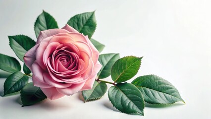 A delicate rose flower with large, dark green leaves frame, set against a soft white background, capturing the intricate details of the flower and its foliage , elegant, nature