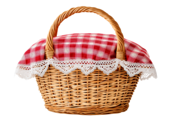 isolated on a transparent background1 - A wicker picnic basket with a red gingham cloth and lace ribbon, on a transparent background, a PNG