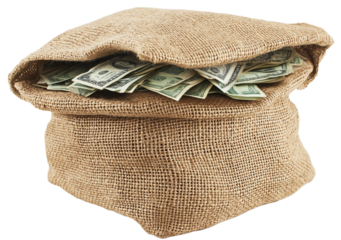 isolated on a transparent background1 - A burlap bag filled with dollar bills, a transparent PNG imageA burlap bag filled with dollar bills, a transparent background PNG file