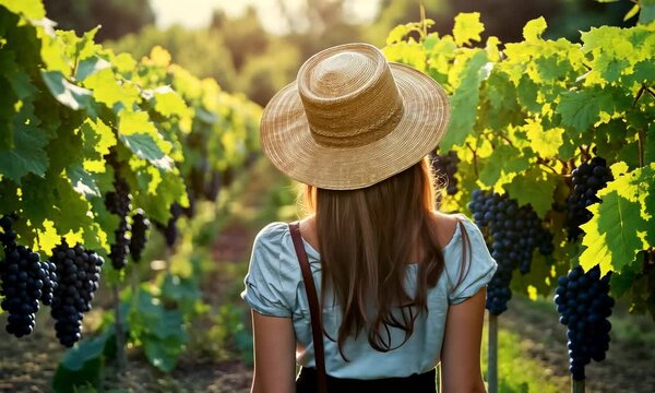 Woman in vineyard with straw hat looking at grape clusters